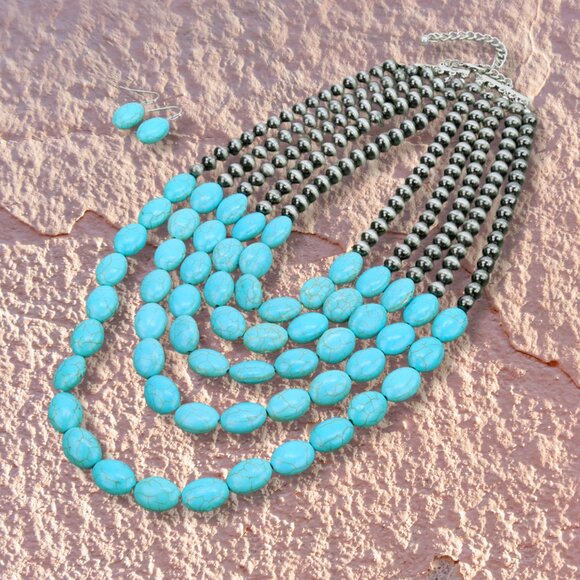 The Neva Stone & Navajo Beaded Turquoise Silver Necklace & Earrings SET NEW - Picture 3 of 4